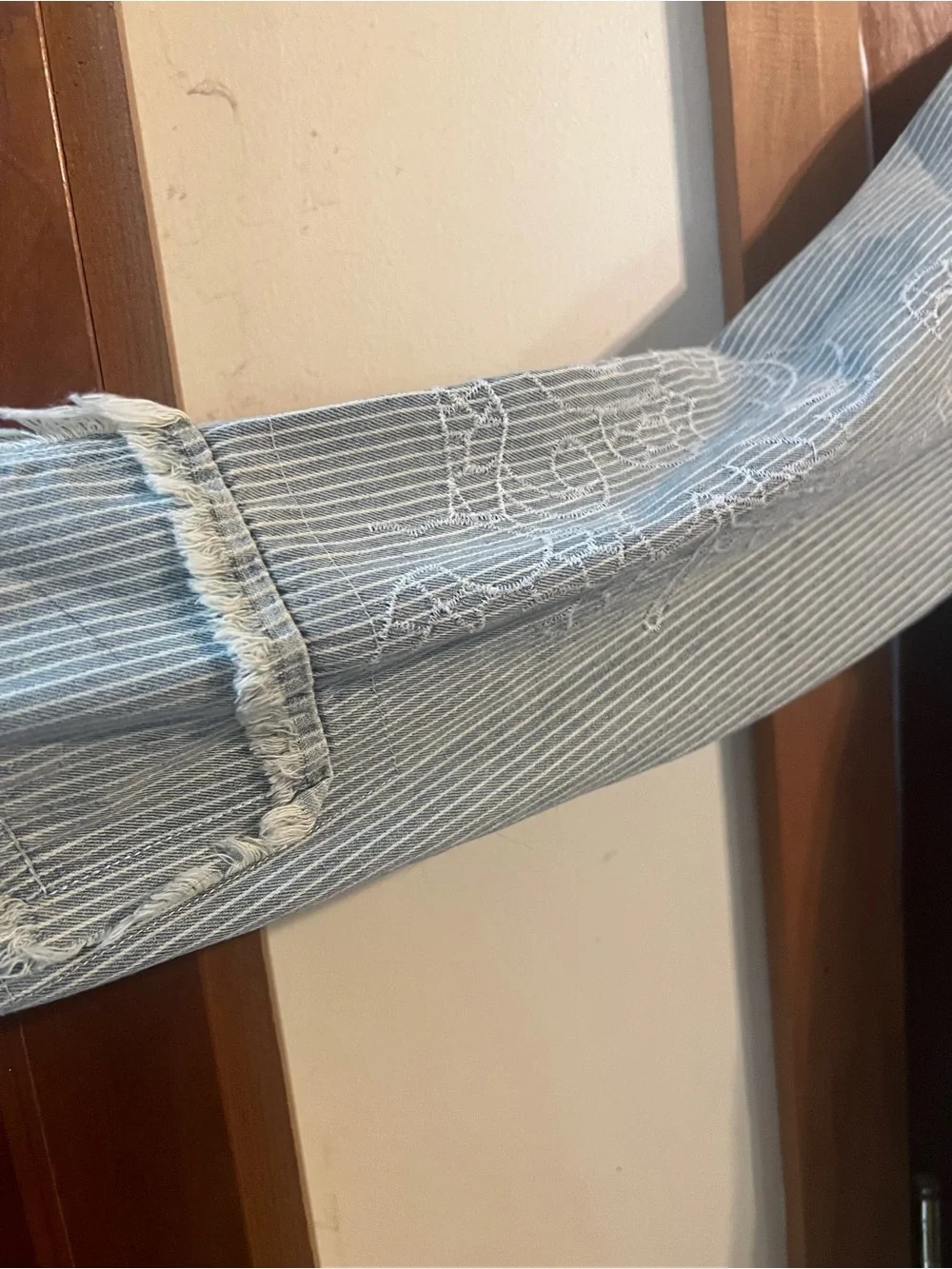 POL Light Blue Striped Trench Coat with White Distressed Detail - Picture 3 of 6